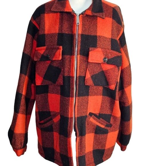 Vintage 70s Montgomery Ward Jacket Mens Size XL Red Buffalo Plaid Wool Hunting - Picture 1 of 7